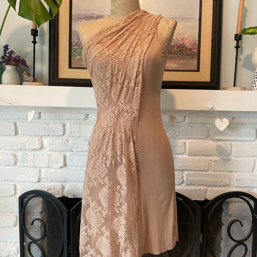 WOW Couture Tan Asymmetrical Pleated Sheath Dress